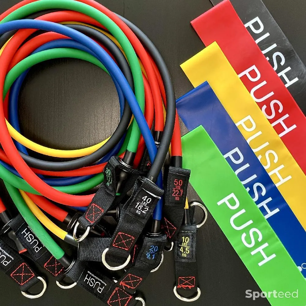 6 Bandes de Résistance + 5 Mini Bandes, Kit Musculation Fitness, en Latex + tous les accessoires. neuf Ajouté le : 24/09/2022