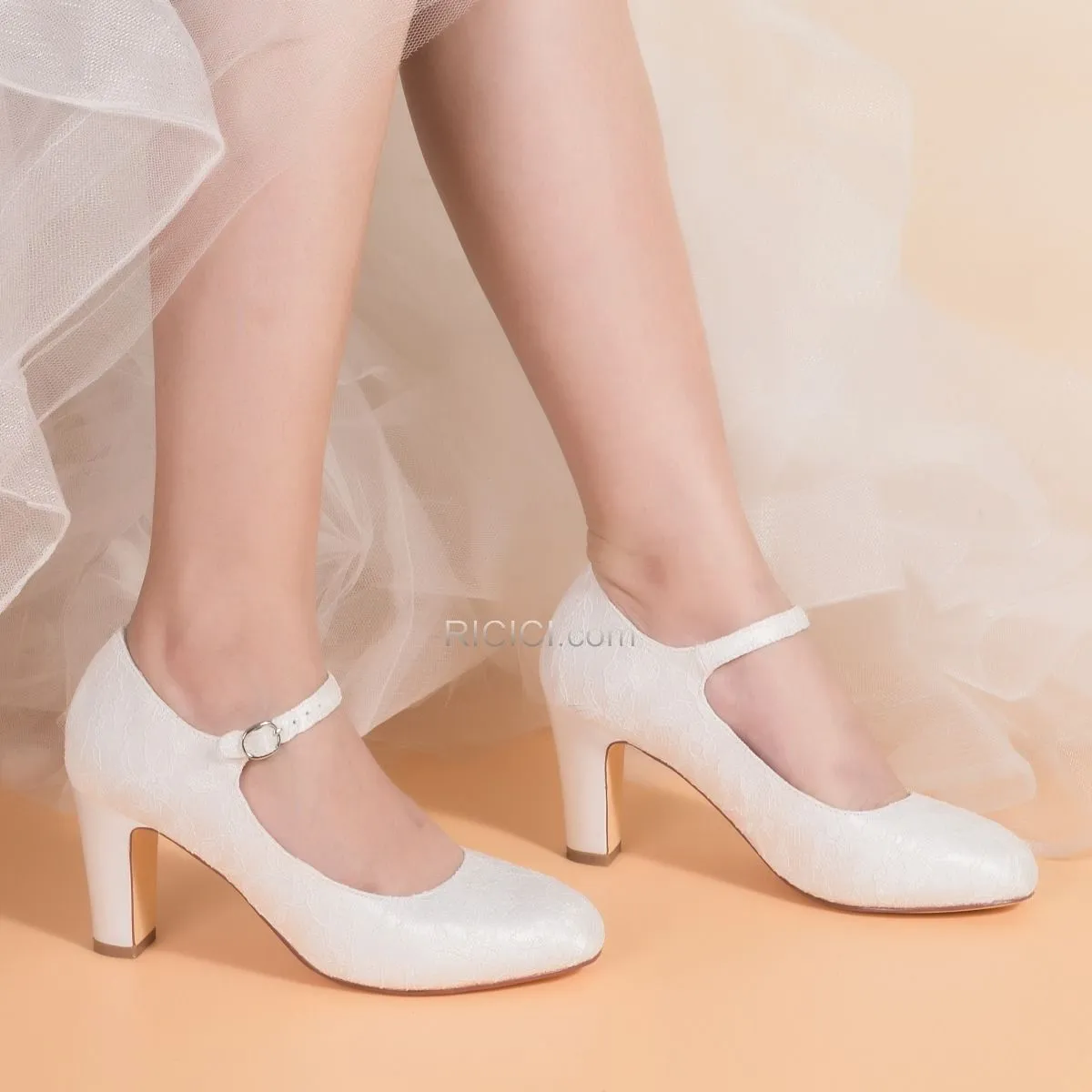 Dentelle Bout Rond Talon Aiguille Avec Bride Cheville Chaussure Demoiselle D honneur Chaussure De Mariée Ivoire 7 cm Talon Mid B