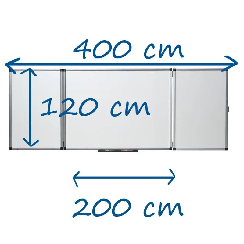 Grand tableau blanc triptyque mural à volets - 400 x 120 cm ouvert