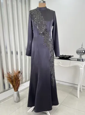 Grey - Fully Lined - Crew neck - Modest Evening Dress