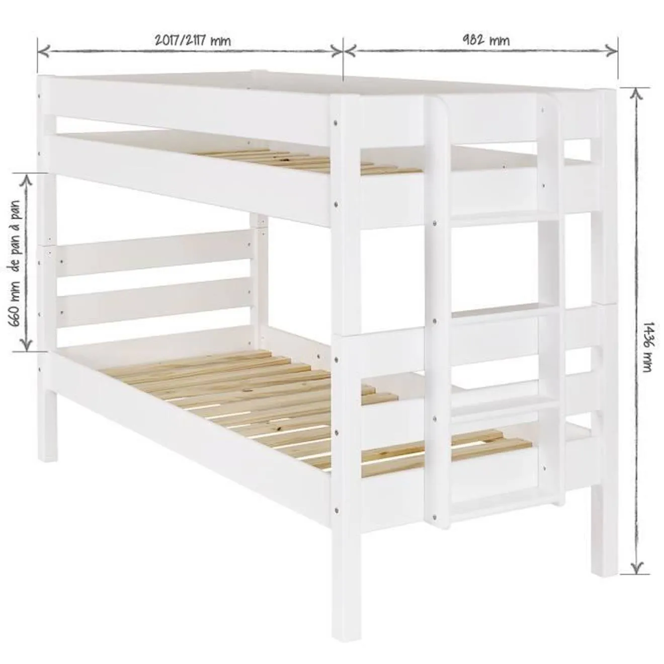 Lit superposé bas Aniba - SOGAN - Blanc - 90x190 cm - 2 matelas inclus blanc - Akiten Retail