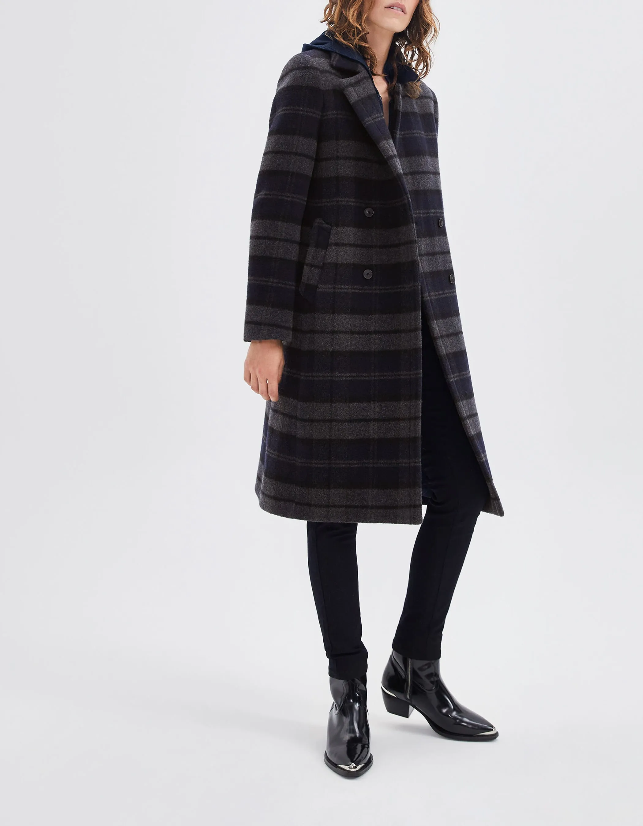 Manteau long gris à motif carreaux Femme