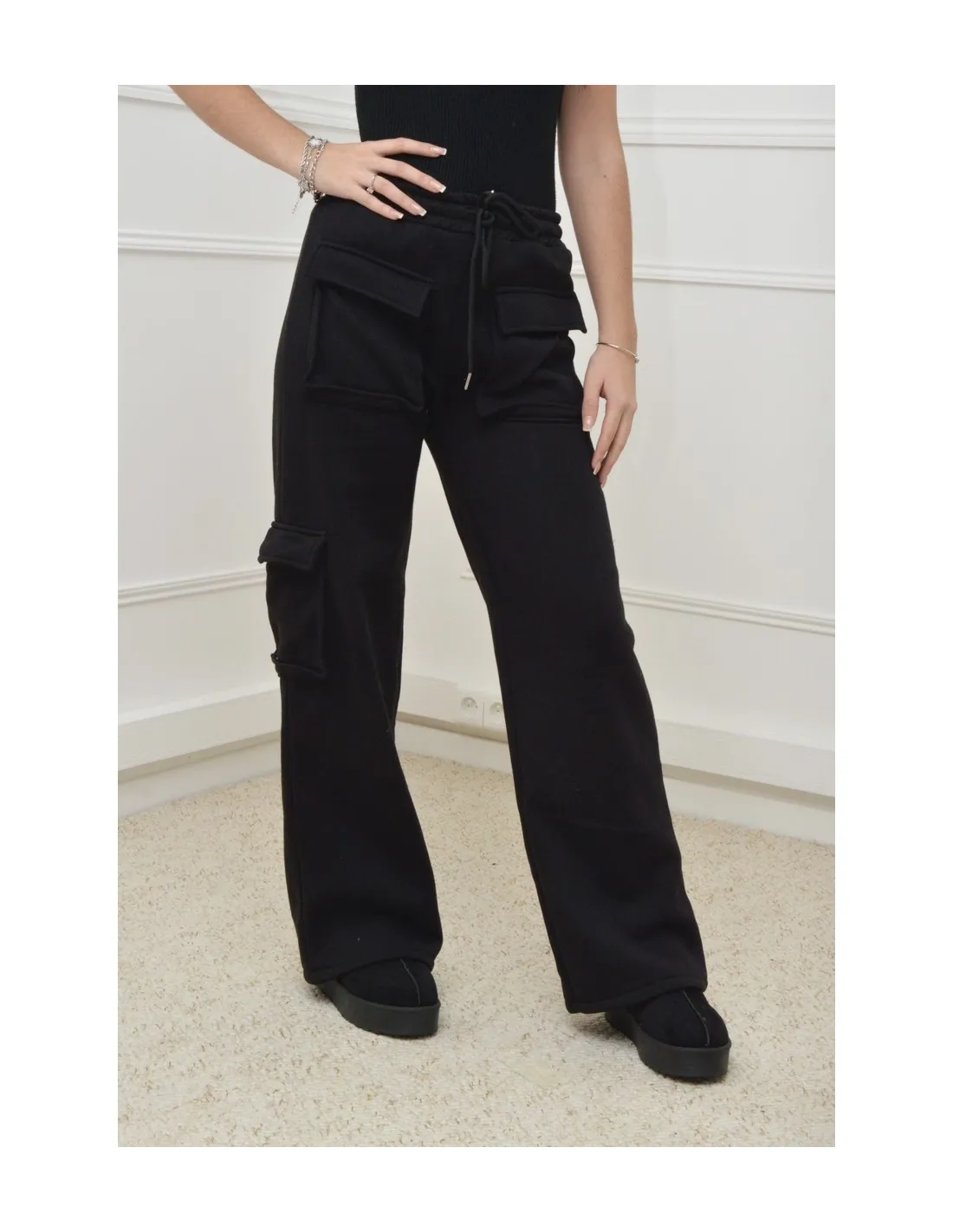 PANTALON DE SURVÊTEMENT CARGO-NOIR  -FEMME