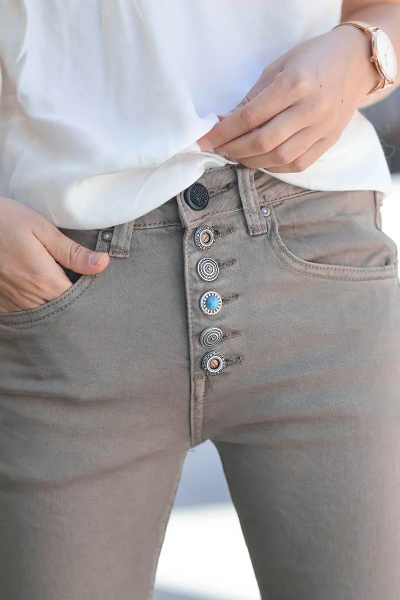 Pantalon toile de jean taupe boutons originaux