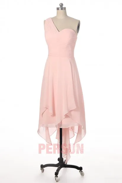 Robe chic rose poudrée col asymétrique & jupe irrégulière pour cortège mariage
