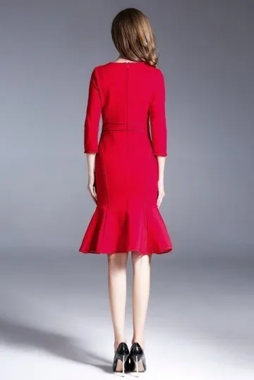 Robe rouge classe pour mariage sirène avec manche au genou