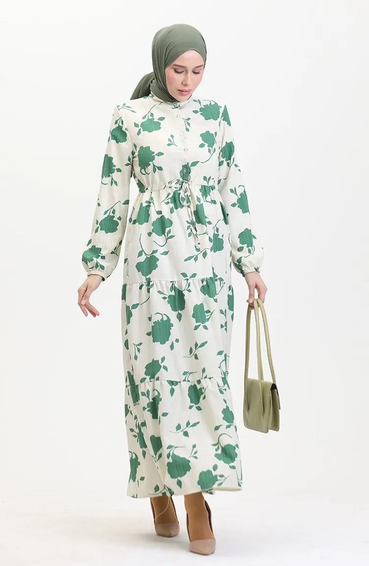 Robe à Motifs Dentelle Boutonné Devant 0516-02 Beige Vert Emeraude 0516-02