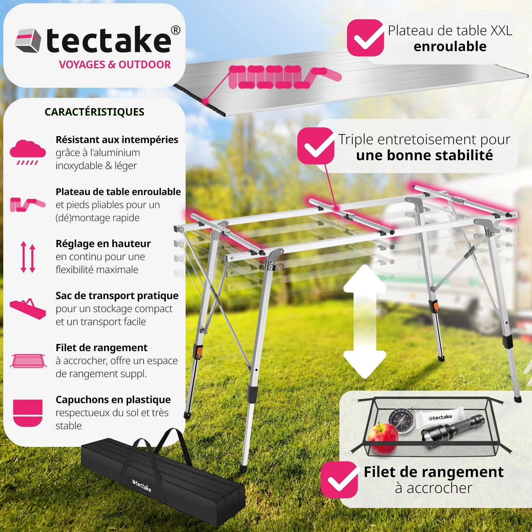 Table de camping pliante Bastian en Aluminium, r\u00e9glable en hauteur
