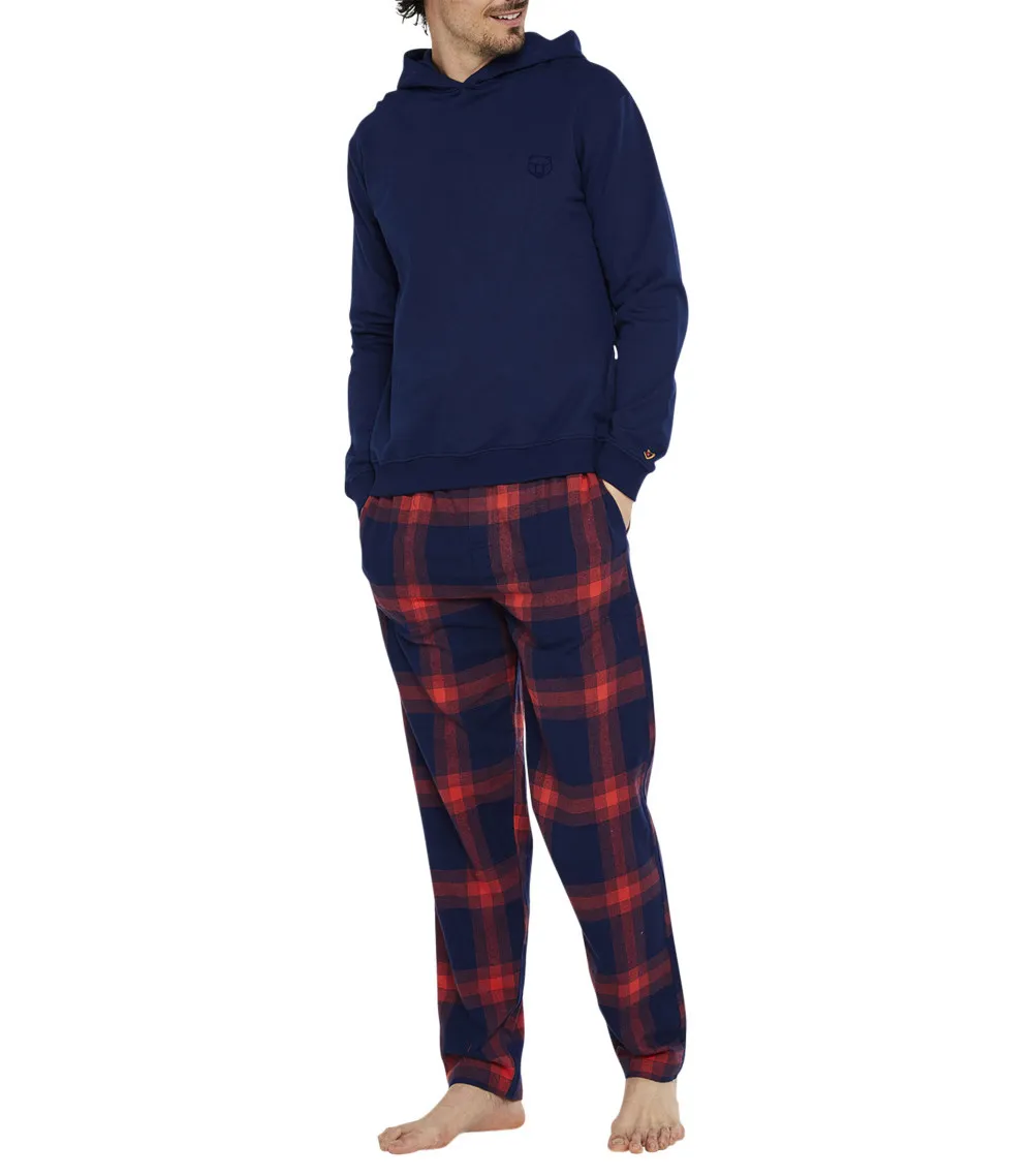 Tenue d'intérieur complète Arthur coton avec manches longues et col à capuche marine carreaux